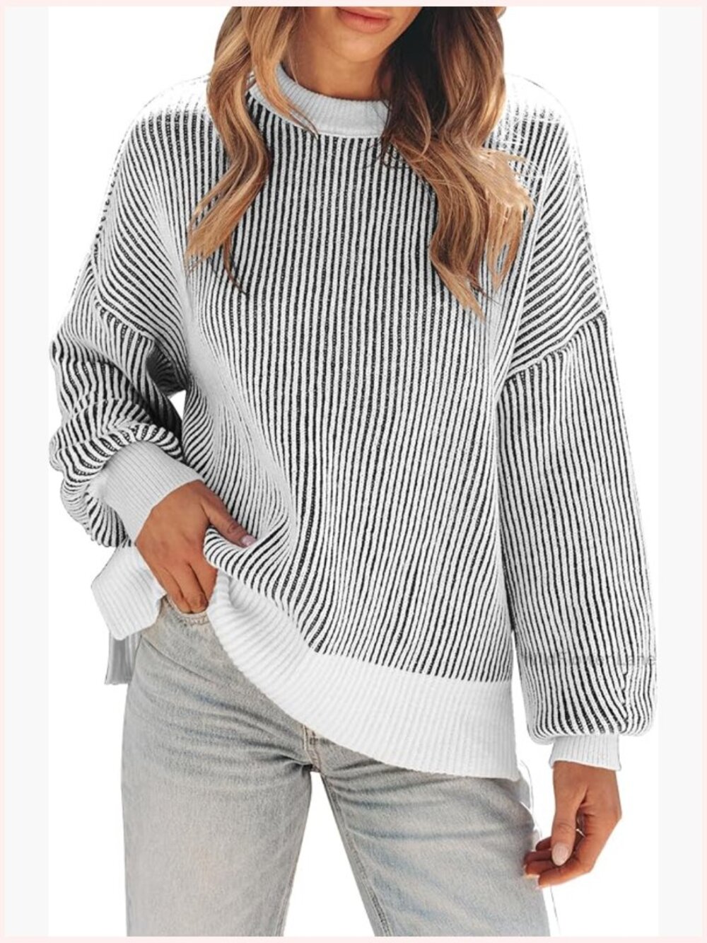 Oversized Long Sleeve Colorblock Striped Knit Pullover Sweater